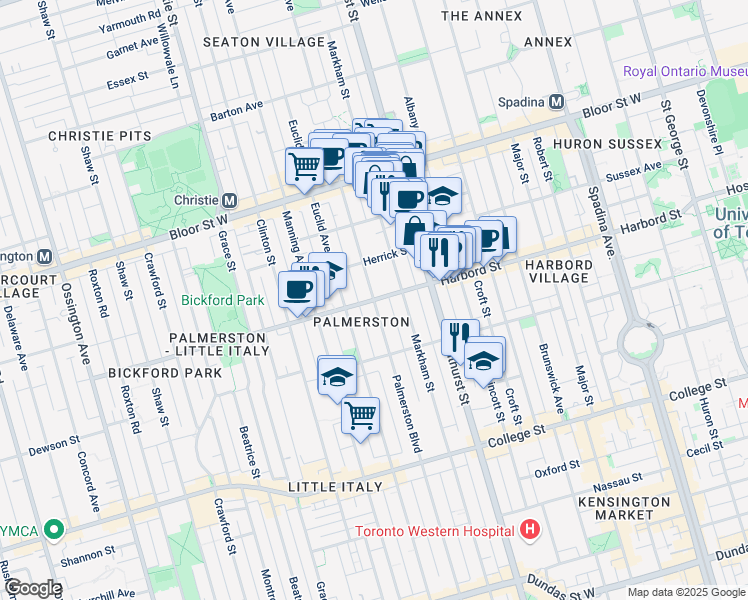 map of restaurants, bars, coffee shops, grocery stores, and more near Harbord St & Palmerston Blvd in Toronto