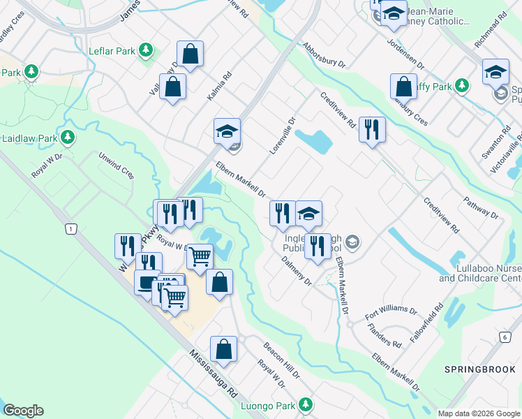 map of restaurants, bars, coffee shops, grocery stores, and more near 18 Deanston Court in Brampton