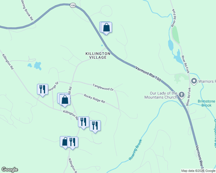 map of restaurants, bars, coffee shops, grocery stores, and more near 327 Tanglewood Drive in Killington