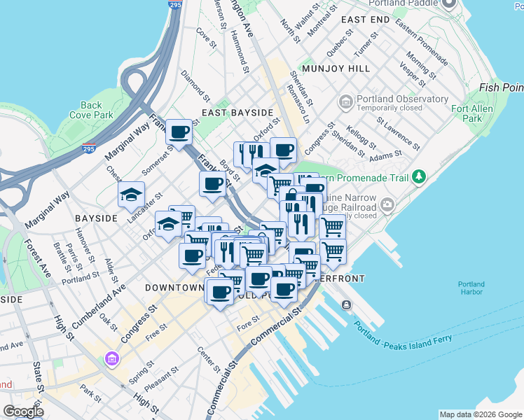 map of restaurants, bars, coffee shops, grocery stores, and more near 306 Congress Street in Portland