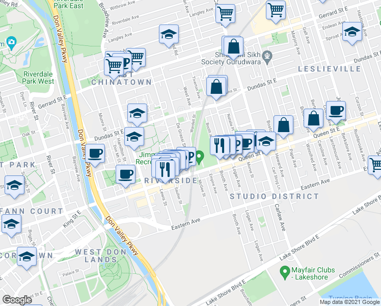 map of restaurants, bars, coffee shops, grocery stores, and more near 55 Wardell Street in Toronto