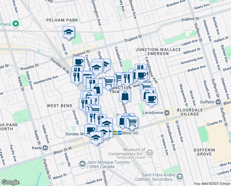 map of restaurants, bars, coffee shops, grocery stores, and more near 319 Wallace Avenue in Toronto
