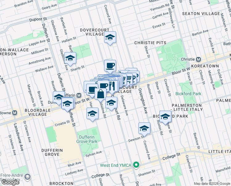 map of restaurants, bars, coffee shops, grocery stores, and more near 971 Bloor Street West in Toronto