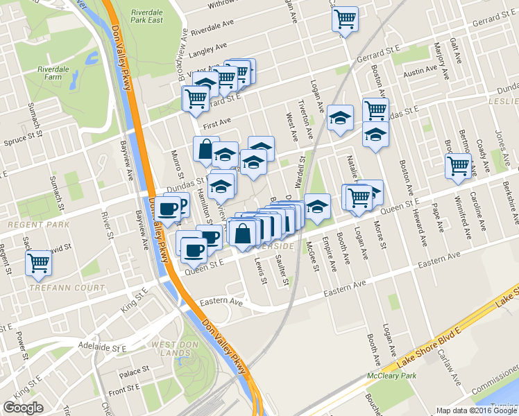 map of restaurants, bars, coffee shops, grocery stores, and more near 3 Howie Avenue in Toronto