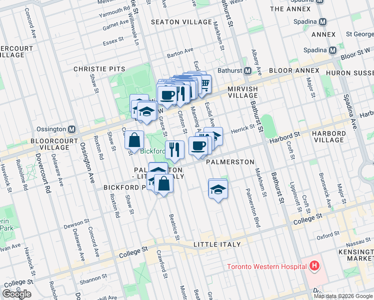 map of restaurants, bars, coffee shops, grocery stores, and more near 262 Clinton Street in Toronto