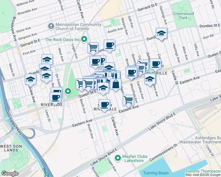 map of restaurants, bars, coffee shops, grocery stores, and more near 955 Queen Street East in Toronto