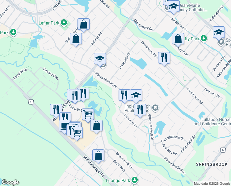 map of restaurants, bars, coffee shops, grocery stores, and more near 8 Deanston Court in Brampton