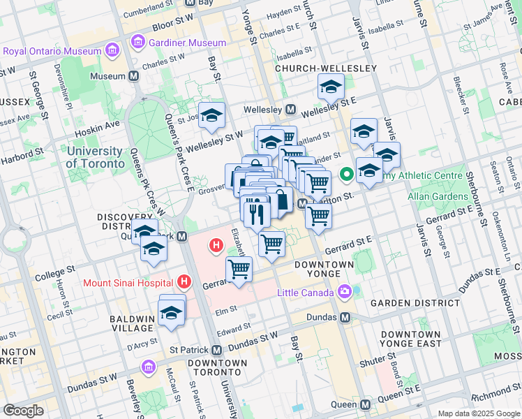 map of restaurants, bars, coffee shops, grocery stores, and more near 801 Bay Street in Toronto