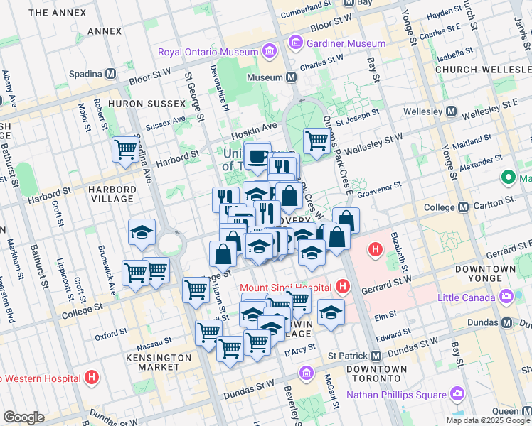 map of restaurants, bars, coffee shops, grocery stores, and more near King's College Circle in Toronto