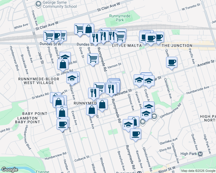 map of restaurants, bars, coffee shops, grocery stores, and more near 528 Runnymede Road in Toronto