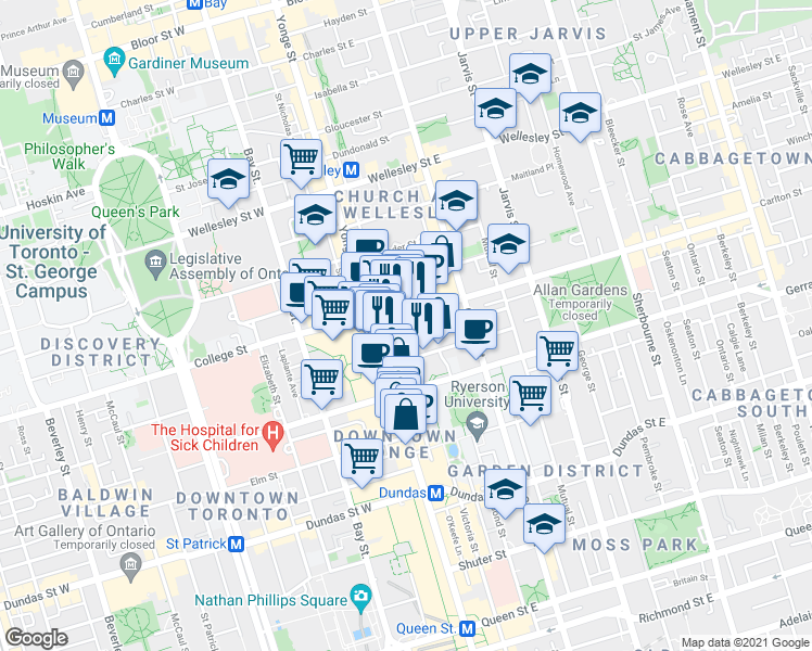 map of restaurants, bars, coffee shops, grocery stores, and more near 25 Carlton Street in Toronto