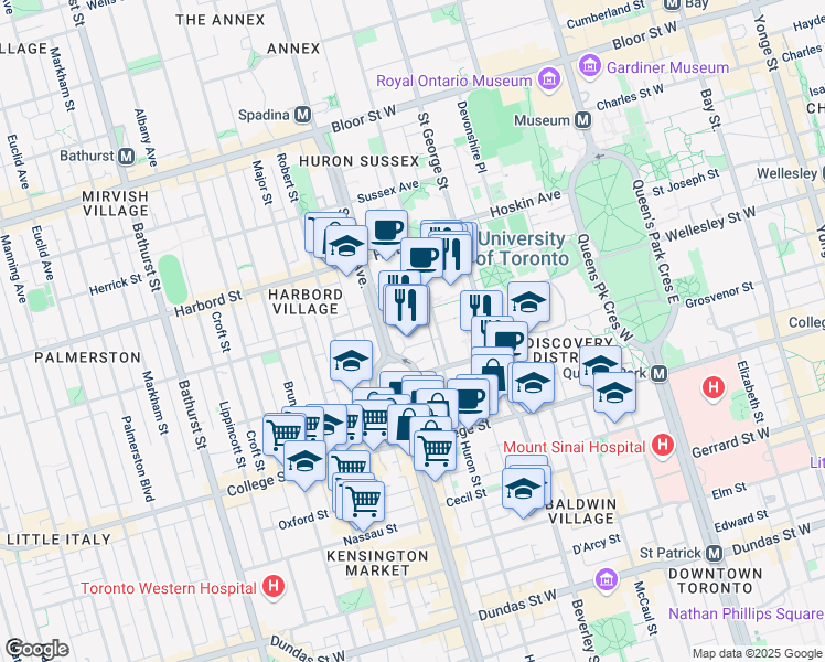 map of restaurants, bars, coffee shops, grocery stores, and more near 33 Ursula Franklin Street in Toronto