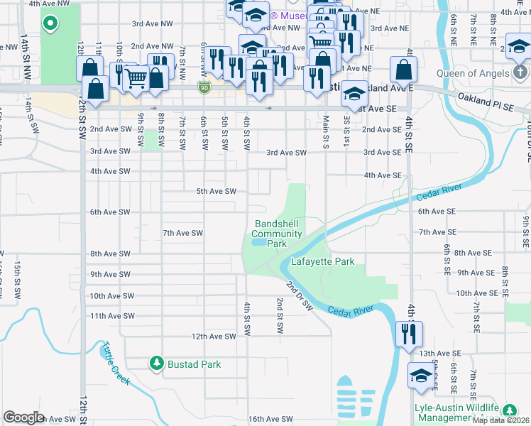 map of restaurants, bars, coffee shops, grocery stores, and more near 711 4th Street Southwest in Austin