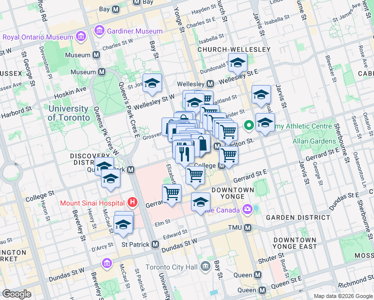 map of restaurants, bars, coffee shops, grocery stores, and more near 801 Bay Street in Toronto