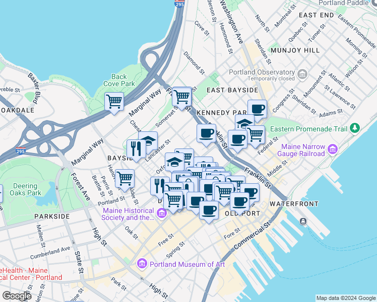 map of restaurants, bars, coffee shops, grocery stores, and more near 159 Oxford Street in Portland