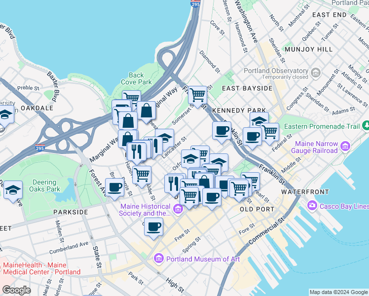 map of restaurants, bars, coffee shops, grocery stores, and more near in Portland