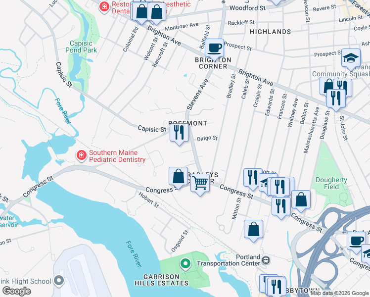 map of restaurants, bars, coffee shops, grocery stores, and more near in Portland