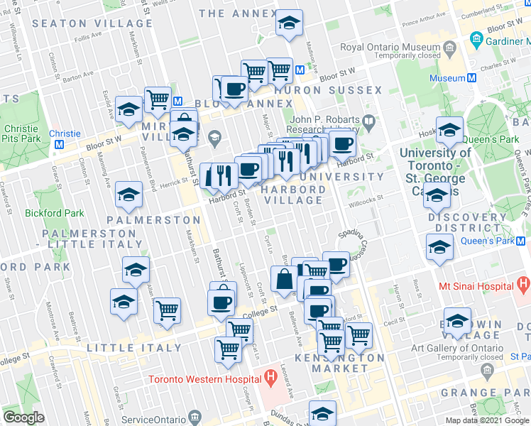 map of restaurants, bars, coffee shops, grocery stores, and more near in Toronto