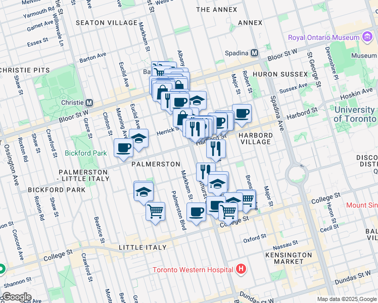 map of restaurants, bars, coffee shops, grocery stores, and more near in Toronto