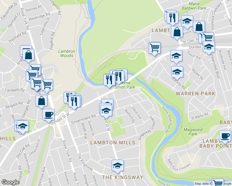 map of restaurants, bars, coffee shops, grocery stores, and more near 32 Thorndale Avenue in Toronto