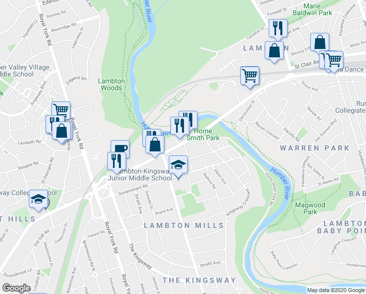 map of restaurants, bars, coffee shops, grocery stores, and more near in Toronto