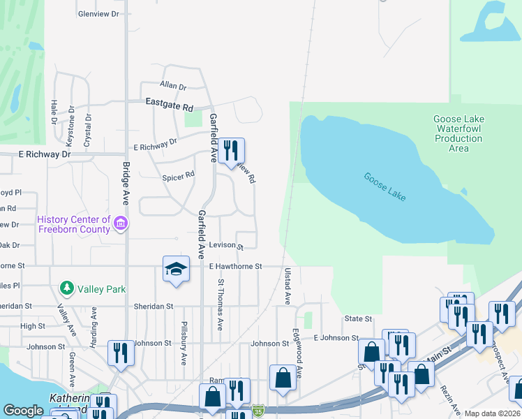 map of restaurants, bars, coffee shops, grocery stores, and more near 1316 Fairlane Terrace in Albert Lea