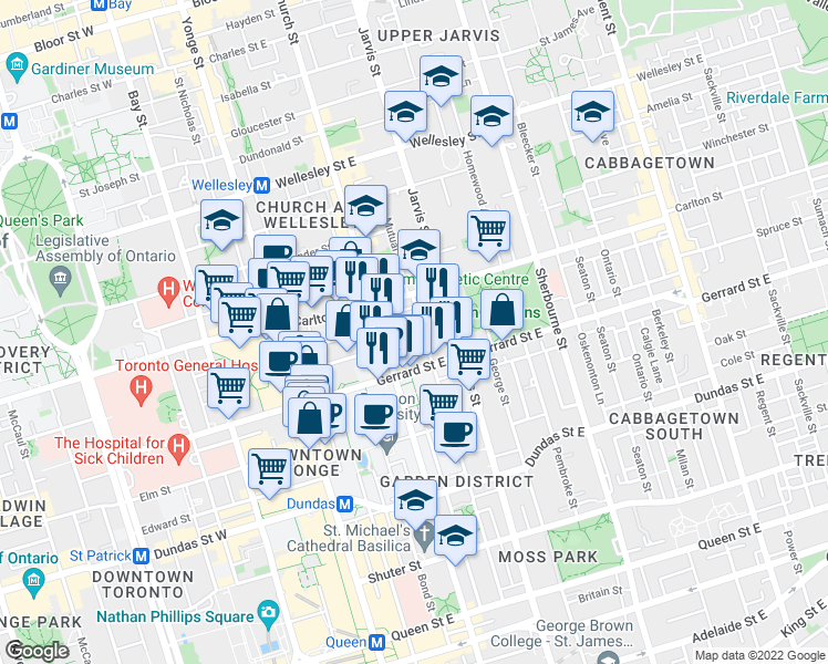 map of restaurants, bars, coffee shops, grocery stores, and more near 126 McGill Street in Toronto