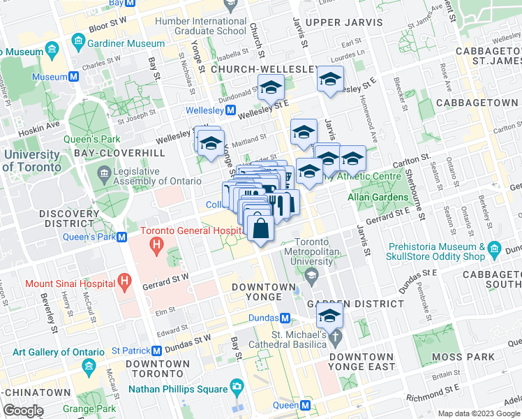 map of restaurants, bars, coffee shops, grocery stores, and more near 21 Granby Street in Toronto