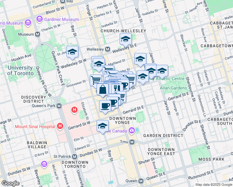 map of restaurants, bars, coffee shops, grocery stores, and more near 1 Carlton Street in Toronto