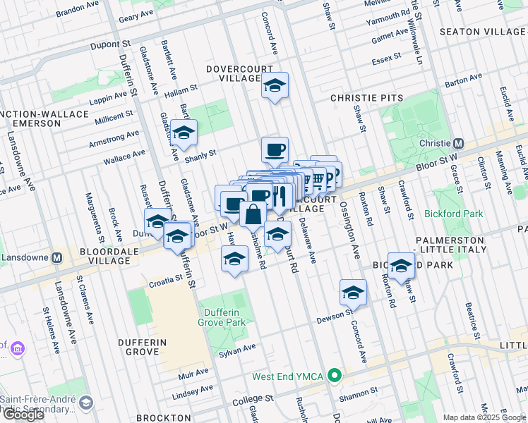 map of restaurants, bars, coffee shops, grocery stores, and more near 998A Bloor Street West in Toronto
