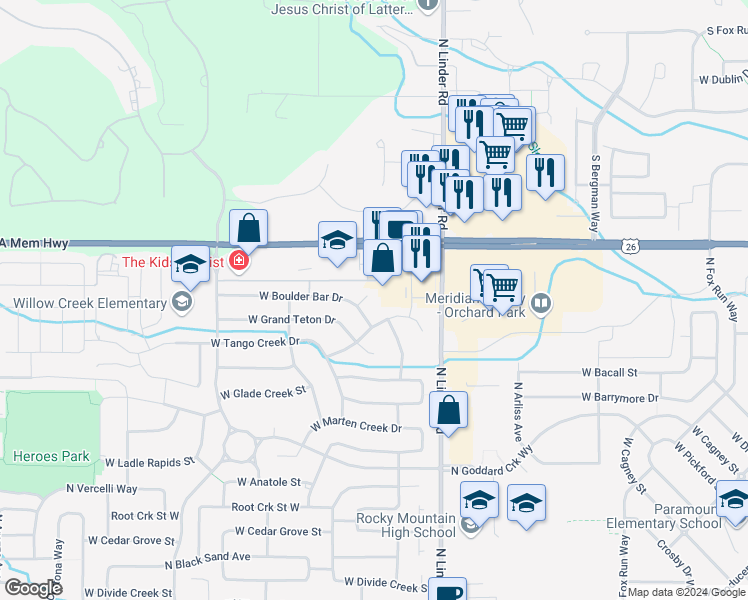 map of restaurants, bars, coffee shops, grocery stores, and more near 1849 West Sheep Hill Court in Meridian