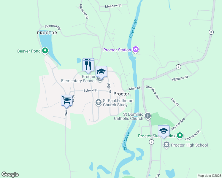 map of restaurants, bars, coffee shops, grocery stores, and more near 69 Pine Street in Proctor