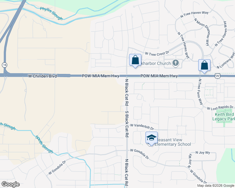 map of restaurants, bars, coffee shops, grocery stores, and more near 6055 North Black Cat Road in Meridian