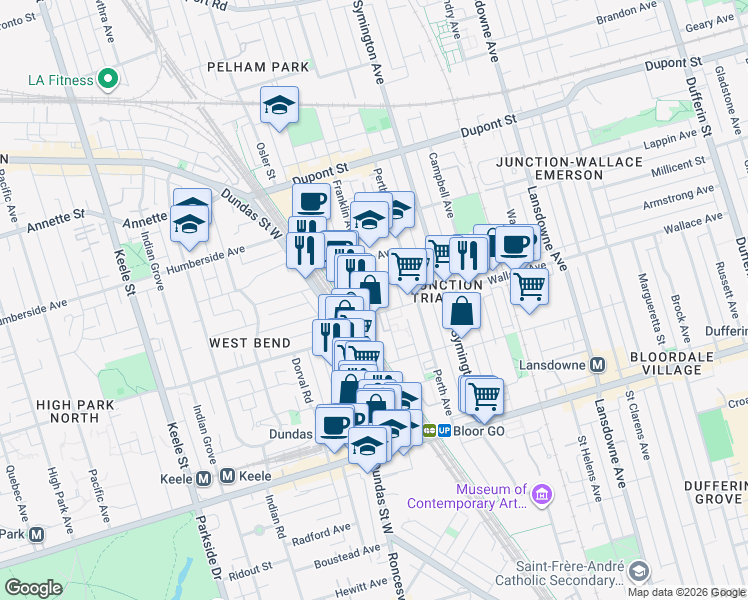 map of restaurants, bars, coffee shops, grocery stores, and more near 5 Sousa Mendes Street in Toronto