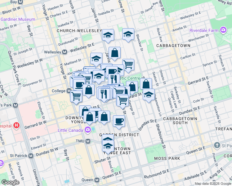 map of restaurants, bars, coffee shops, grocery stores, and more near in Toronto