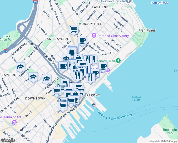 map of restaurants, bars, coffee shops, grocery stores, and more near 22 Hancock Street in Portland