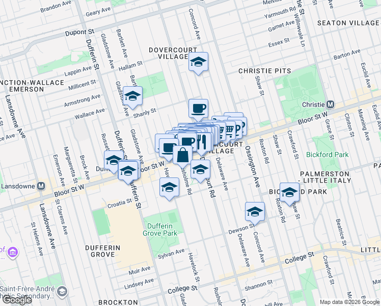 map of restaurants, bars, coffee shops, grocery stores, and more near 998 Bloor Street West in Toronto