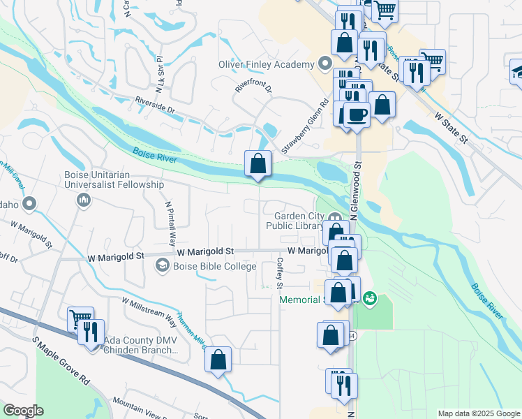 map of restaurants, bars, coffee shops, grocery stores, and more near 143 Strawberry Glenn Road in Garden City