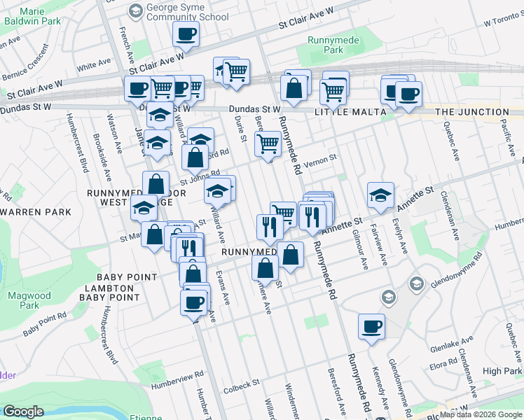 map of restaurants, bars, coffee shops, grocery stores, and more near 599 Durie Street in Toronto