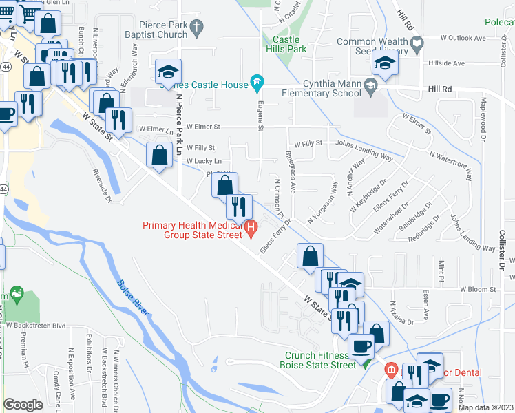map of restaurants, bars, coffee shops, grocery stores, and more near 4466 North Mackenzie Lane in Boise