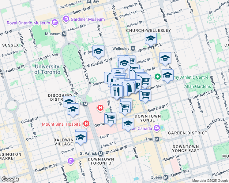 map of restaurants, bars, coffee shops, grocery stores, and more near 800 Bay Street in Toronto