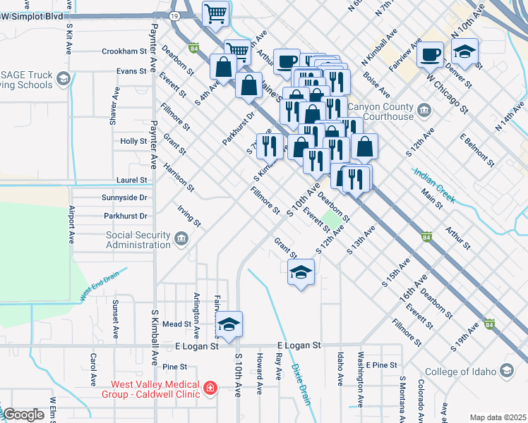 map of restaurants, bars, coffee shops, grocery stores, and more near 711 South 9th Avenue in Caldwell
