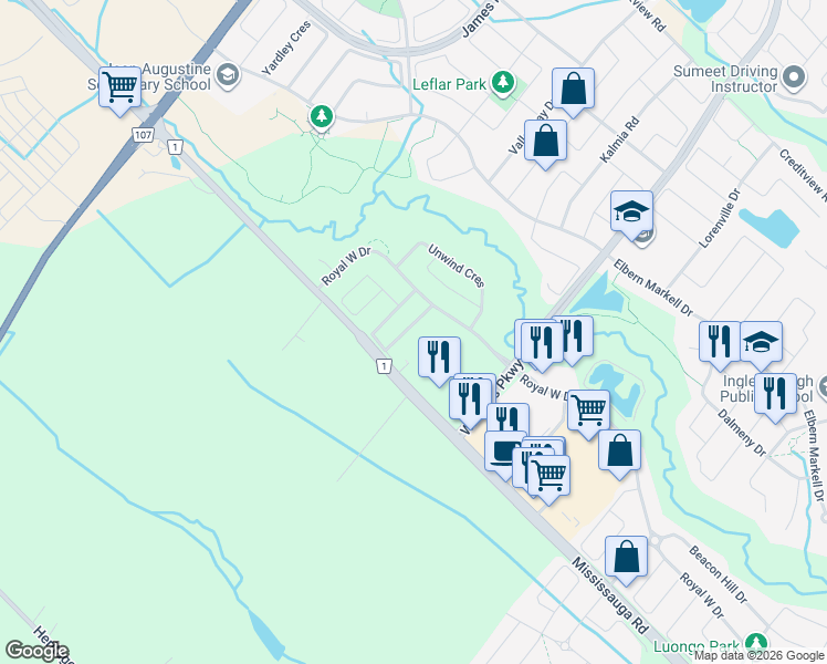 map of restaurants, bars, coffee shops, grocery stores, and more near 9641 Mississauga Road in Brampton