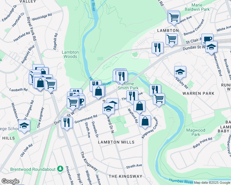 map of restaurants, bars, coffee shops, grocery stores, and more near 26 Earlington Avenue in Toronto