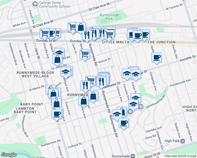 map of restaurants, bars, coffee shops, grocery stores, and more near 520 Annette Street in Toronto