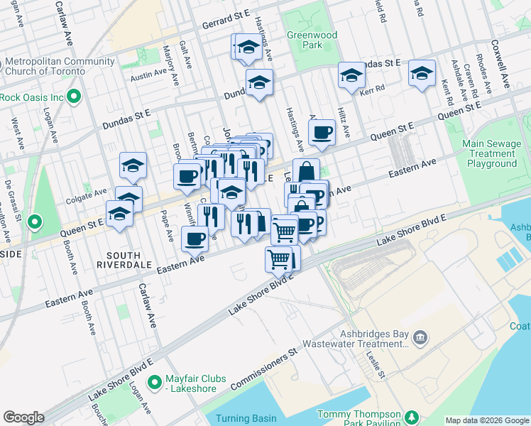 map of restaurants, bars, coffee shops, grocery stores, and more near 35 Rushbrooke Avenue in Toronto
