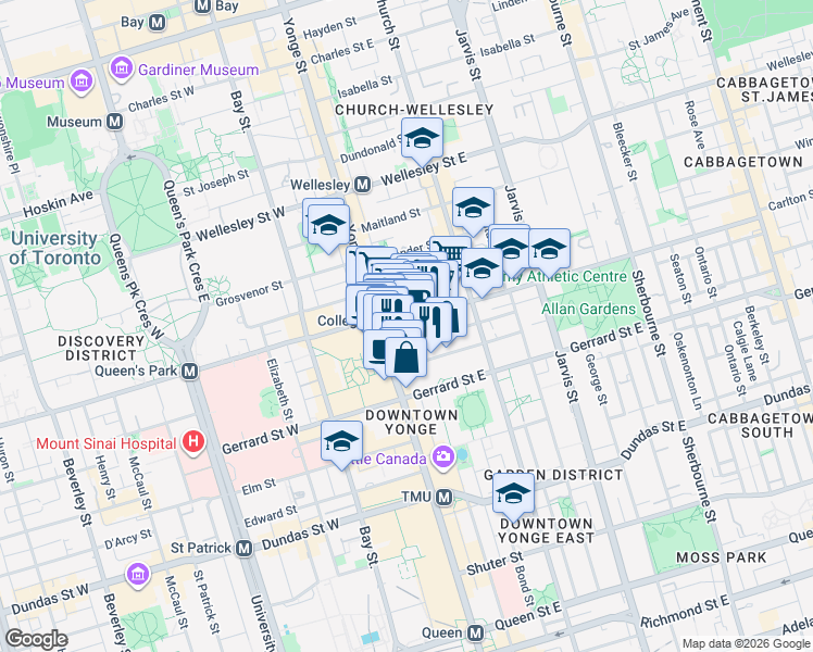 map of restaurants, bars, coffee shops, grocery stores, and more near 21 Carlton Street in Toronto