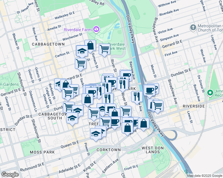 map of restaurants, bars, coffee shops, grocery stores, and more near 34 Tubman Avenue in Toronto