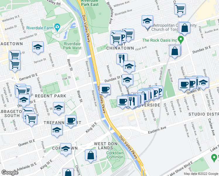 map of restaurants, bars, coffee shops, grocery stores, and more near 4 Frances Loring Lane in Toronto