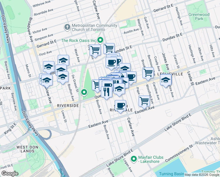 map of restaurants, bars, coffee shops, grocery stores, and more near 7 Bisley Street in Toronto